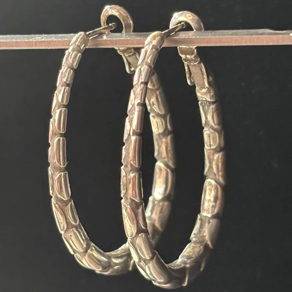 Vintage 925 Silver Textured Pebble Link Oval Hoop Earrings